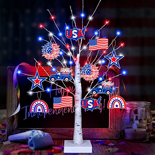 4th of July Decorations, 24” Fourth of July Decoration Tree Light with 12 Patriotic Wooden Signs, [TIMER, USB/Battery Operated] Red White Blue Light for home July 4th Decor Flag Day Independence Decor