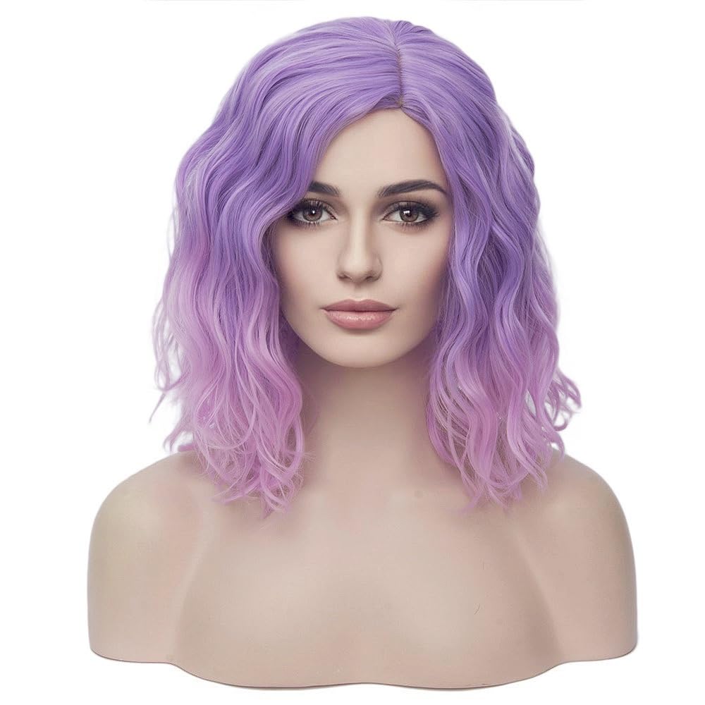 Photo 1 of BERON 14" Women Girls Colored Short Curly Bob Wavy Purple Ombre Pink Shoulder Length Wig Body Wave Daily or Cosplay Hair Wigs