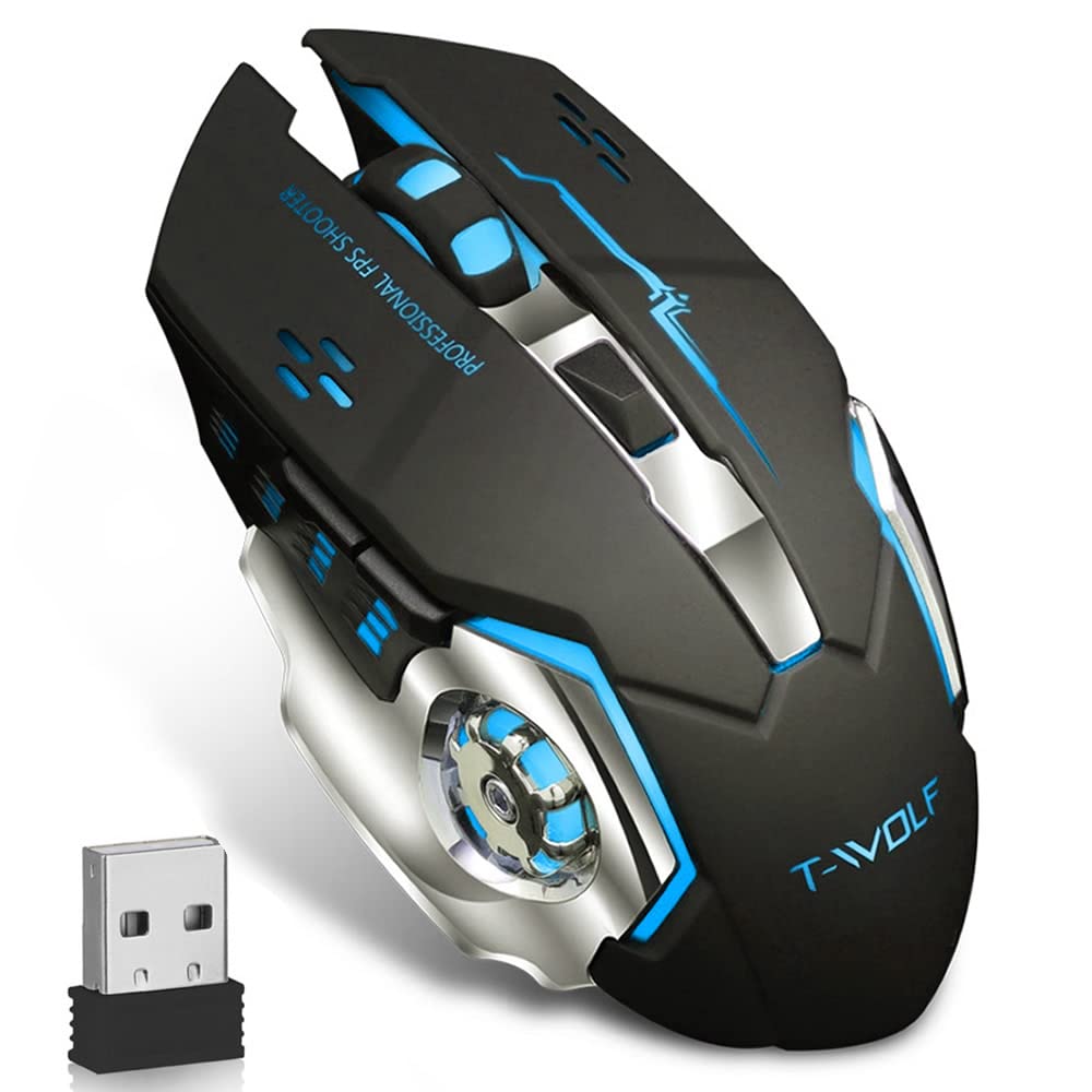 WOLF Wireless Computer Gaming Mouse Rechargeable USB Optical LED Silent Mouse for Mac/PC/Laptop, 2400 DPI, 6 Buttons