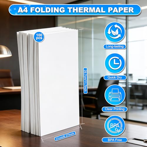 (100 Sheets) A4 Thermal Printer Paper, Foldable Thermal Paper, Compatible with Most Thermal Printers, BPA-Free, Suitable for Thermal Printers for Documents and Web