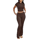 ANRABESS Lounge Sets for Women 2 Piece Foldover Yoga Flare Leggings Pants Crop Tops Casual Y2K Outfits Matching Tracksuit Set