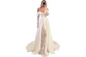 wayfor Off Shoulder Satin Wedding Dresses Lace Long Sleeve Prom Dresses Corset A-Line Ball Gowns with Slit