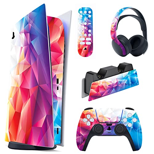PlayVital Dazzling Prism Full Set Skin Decal for PS5 Console Digital Edition, Sticker Vinyl Decal Cover for PS5 Controller & Charging Station & Headset & Media Remote