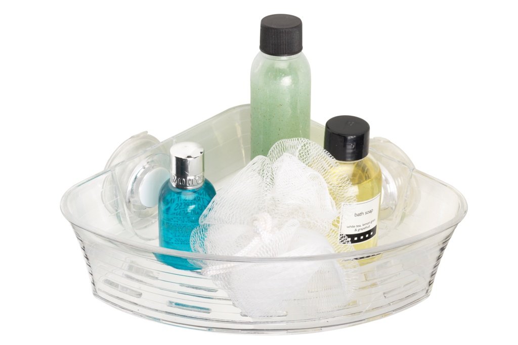 Croydex Press 'n' Lock Suction Shower Caddy - Bathroom Storage Corner Shower Caddy with Strong Suction Hooks, No Tools Required, Versatile Basket for Smooth Tiles or Glass, Self-Draining, 285mm