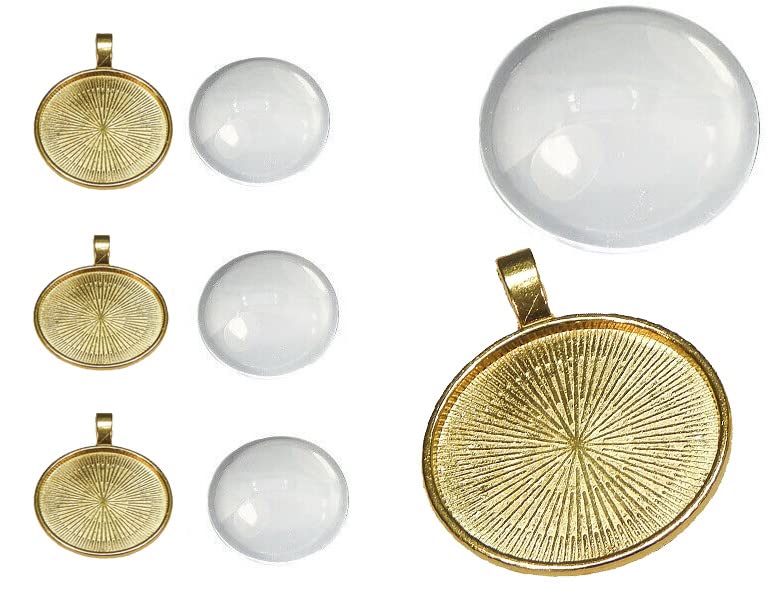 Perlin Set of 4 Medallions Metal Pendant Settings and 25 mm Round Clear Glass Cabochon, Frame Super Look Craft Set, 36mm x 28mm für 25mm Cabachon, Glass and metal, No Gemstone