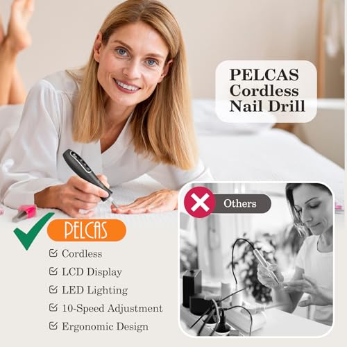 PELCAS Electric Nail File 10 Speeds Professional Cordless Electric Nail Drill with LCD Screen and LED Light, Portable Rechargeable Nail Files for Acrylic and Gel Nails, Pet, Thick Toenails