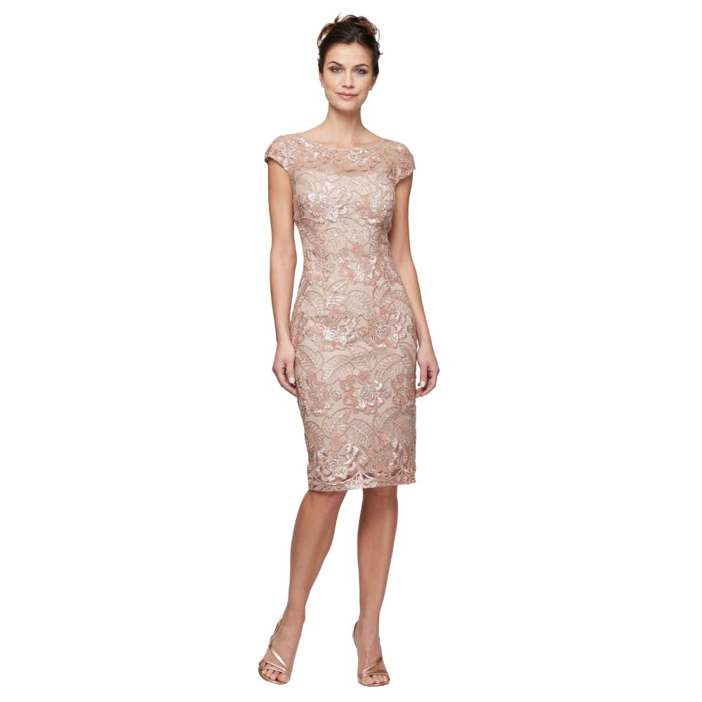 Photo 1 of Alex Evenings Women's Short Floral Embroidered Cocktail Sheath Dress, Wedding Guest, Formal Gown (Petite and Regular Sizes), Rose Gold, 12