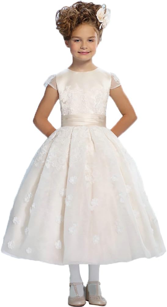 DZdressKids Appliques Pageant Wedding Flower Girl Dresses Tulle with Bow 6 Champagne
