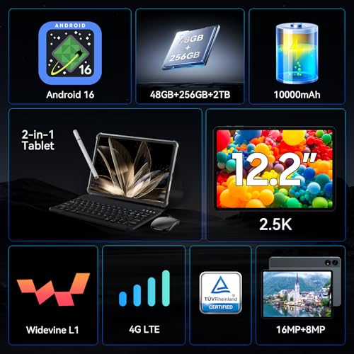 TABWEE T60 Android 16 Tablet with Keyboard – 12 Inch Tablet, 48GB+256GB, 10000mAh, 16MP+8MP, 1600*2400 QHD+, Widevine L1, Gemini AI 3.1 Pro, Built-in GPS, 4G LTE Tablet (4 Year Warranty)
