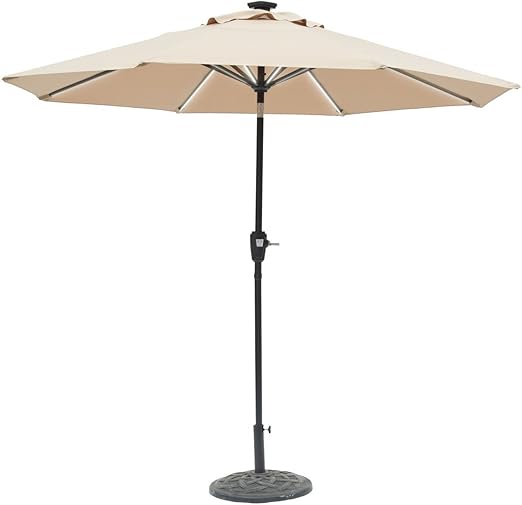 Amazon Com Sun Ray 811029 9 Round Next Gen 8 Rib Solar Patio Umbrella 32 Led Within Unique Strip Lighting Crank And Tilt Aluminum Frame Taupe Beige Garden Outdoor