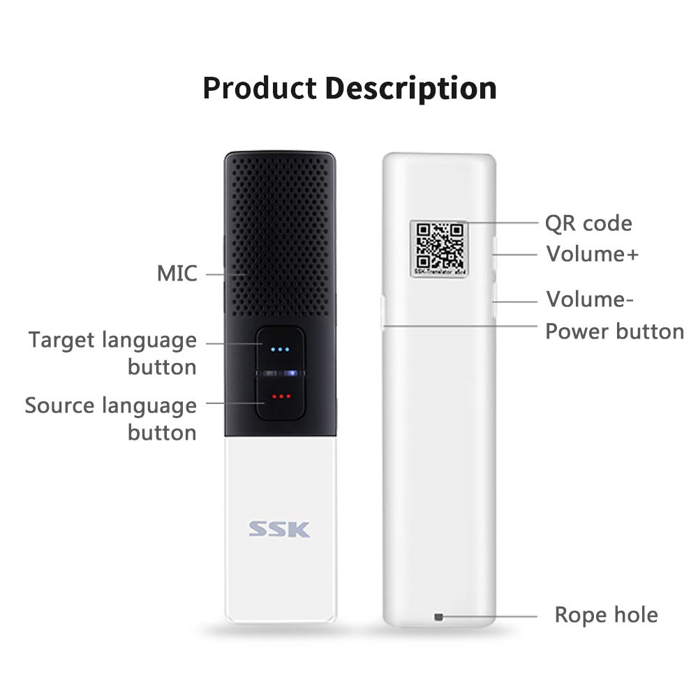 SSK Portable Foreign Language Translator, Need Connect Smartphone Bluetooth, Supports 86 Languages Two-Way Instant Translation Voice Language Translator for Travelling Learning and Business