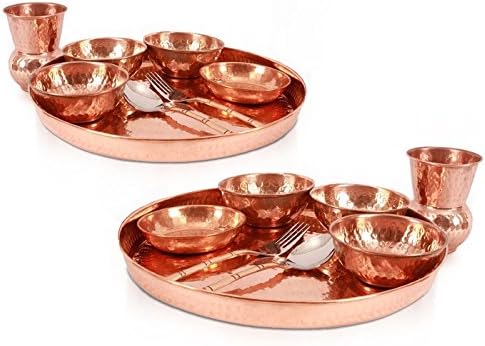 100% Pure Copper Best Quality Traditional Kitchen Dinner Set of 2 ( 2 Thali, 6 bowls, 2 pudding ,2 Spoon ,2 Fork, 2 Glass) Special Thali Plate For Home Decorative Restaurant Ware Hotel Home Gift