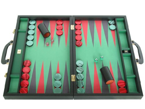 Leather/Microfiber Backgammon Set - (23" Large Attache Case, Zaza & Sacci) - Black/Green