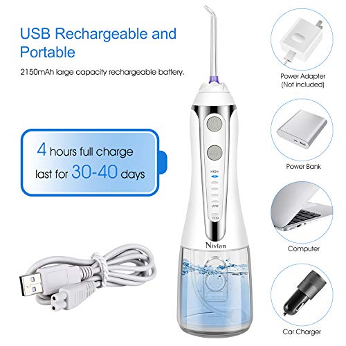 Water Flosser for Teeth - Nivlan Newest Cordless Water Flossing Teeth Cleaner, IPX7 Waterproof Rechargeable Dental Oral Irrigator for Braces & Bridges Care with 300ML Tank, 5 Modes & 6 Jet Tips