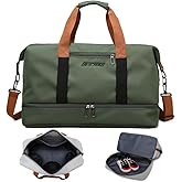 Canvas Weekender Bag for Men & Women – Large Travel Duffel with Shoe Compartment – Army Green Vintage Leather Trim Overnight Carry-On Luggage Tote (Green)
