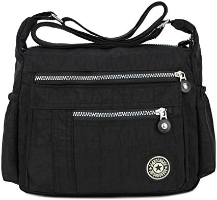 Leisure Women Waterproof Nylon Messenger Bags Cross Body Shoulder Bags Casual Multi Pocket Handbag Tote Purse Handbag (Black)