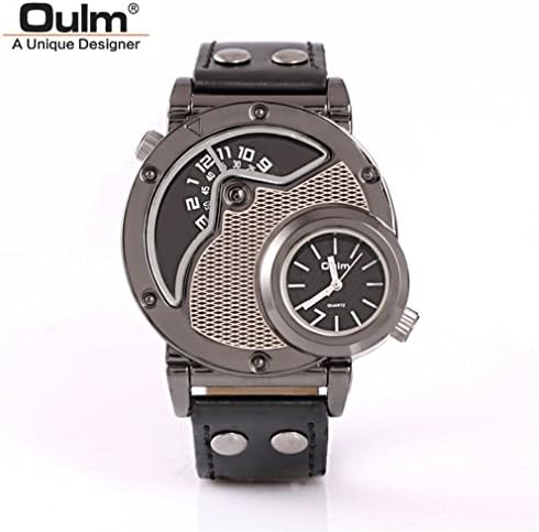OULM watch,Mens Dual Time Quartz Analog Wrist Watch with Unique Dual Dial Design,Steel Case,Comfortable Leather Band,Two Time Zone - Black (B, 1)