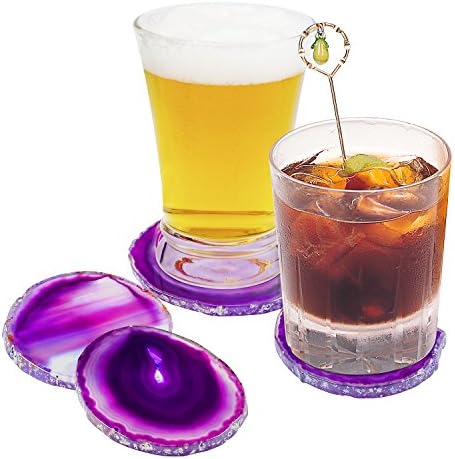 Pantrasamia Agate Coaster Cup Mat Natural Sliced Agate Beverage Coasters for Drinks Gift Set of 4 Plates (3-3.5 Inch, Violet)