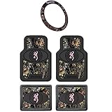 Browning Arms Company Pink Buckmark Brand Camo Logo Car Truck SUV Front & Rear Seat Heavy Duty Trim-to-Fit Rubber Floor Mats and Steering Wheel Cover Set - 5PC