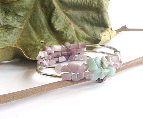 Lavender Cat's Eye Bracelet with Sterling Silver Tube Beads and Natural Amazonite, Memory Wire