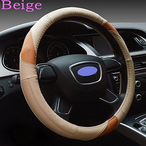 Automotive Interior Accessories Universal Leather Steering Wheel Cover Emboss Soft Top Cowhide Breathable Anti-Sweat Slip Steering Wheel Cover Wrap (38cm Outer Diameter,Beige+Coffee)