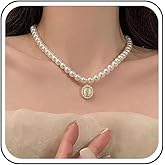 Erimberate Bohemian Oval Opal Pearl Choker Necklace White Pearl Chain Necklaces Small Gemstone Opal Pendant Necklaces Retro Round Pearl Collar Necklace Jewelry for Women