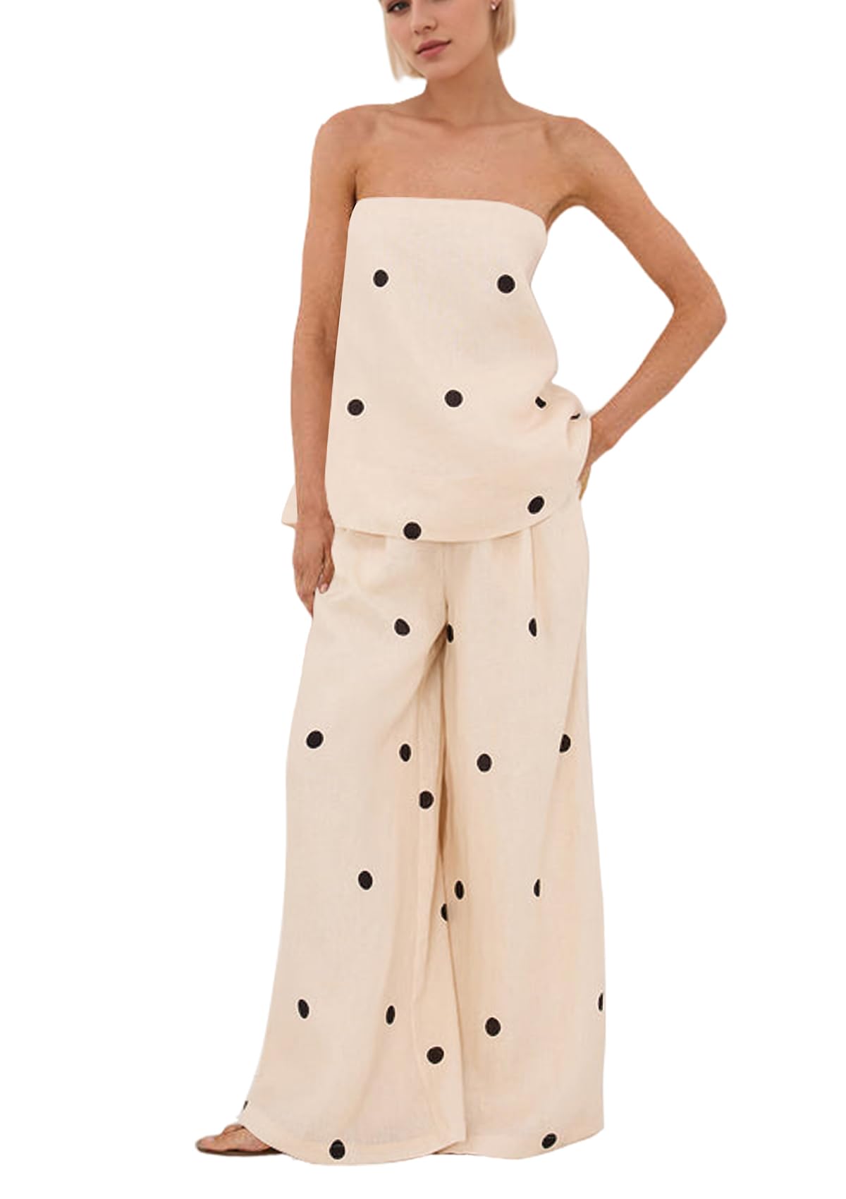 Photo 1 of calbatic Women Polka Dot 2 Piece Outfits Spot Strapless Tube Top High Waist Wide Leg Pants Summer Lounge Set