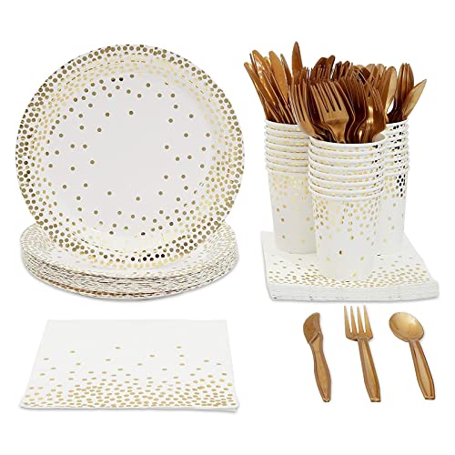 144 Piece White and Gold Paper Plates, Napkins, Cups, Cutlery for Polka