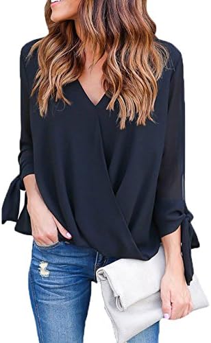 shushuKISS Womens Casual Chiffon Ruffle V-Neck 3/4 Sleeve Folds T-Shirts Blouses Tops Black Small