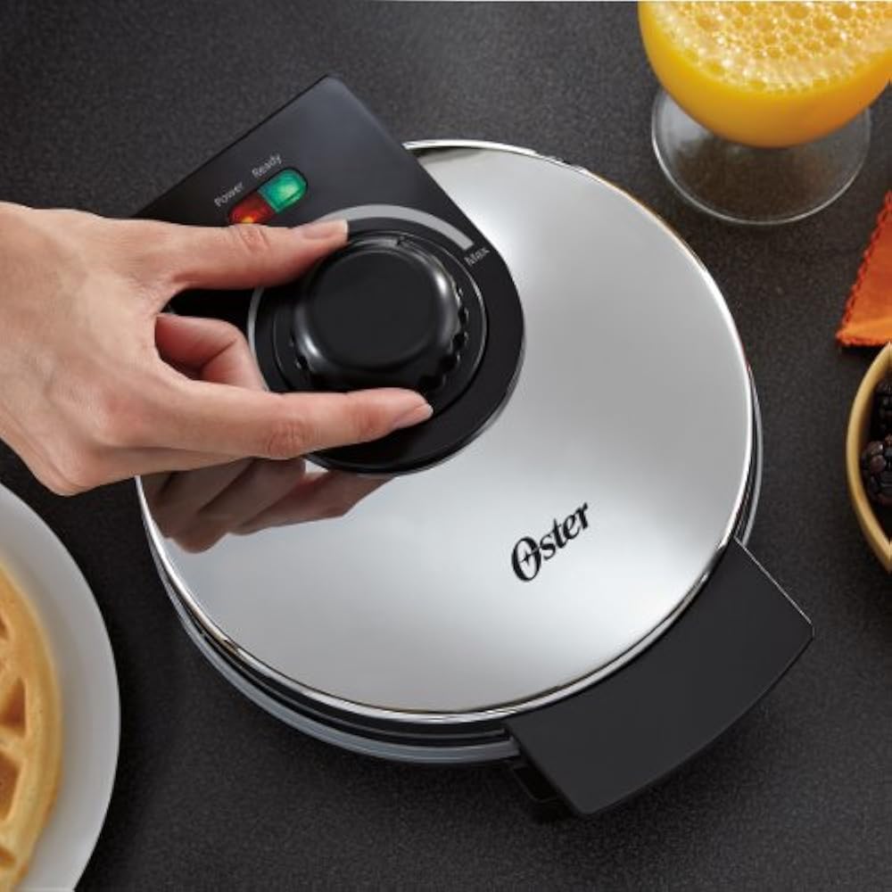 Oster Titanium Infused DuraCeramic Waffle Maker Belgian,Chrome
