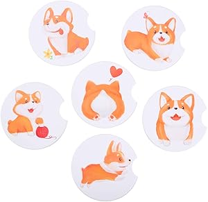 Anpatio 6 PCS Corgi Dog Gift Car Coasters, 2.56 Inch Ceramic Auto Cup Holder Coaster with a Finger Notch for Puppy Dog Lovers