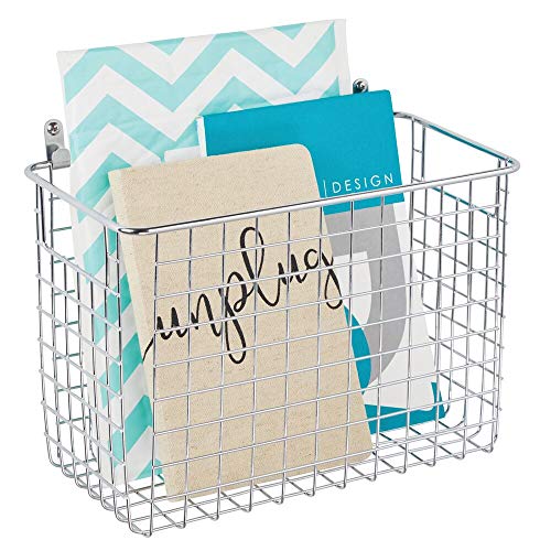 mDesign Portable Metal Farmhouse Wall Decor Storage Organizer Basket Bin with Handles for Hanging in Entryway, Mudroom, Bedroom, Bathroom, Laundry Room - Wall Mount Hooks Included, Large - Chrome