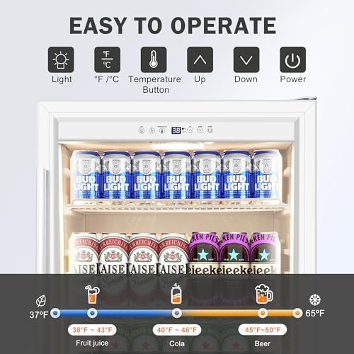 24 Inch Beverage Refrigerator, 150 Cans Wide Beverage Cooler and Beer Fridge with Glass Door and Powerful Cooling Compressor, Built-in/Freestanding Drink Fridge for Kitchen, Bar or Office,White