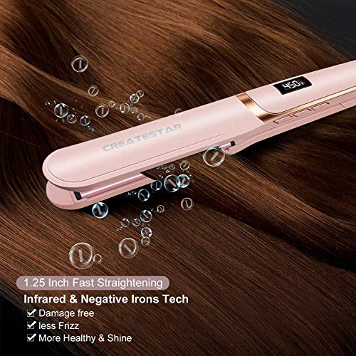CREATESTAR 1 inch Infrared Flat Iron Ceramic Ionic Hair Straightener with Adjustable Temp | Dual Voltage | Incl Glove & Pouch Travel Hair Straightening Iron for Shiny & Silky Hair -Pink