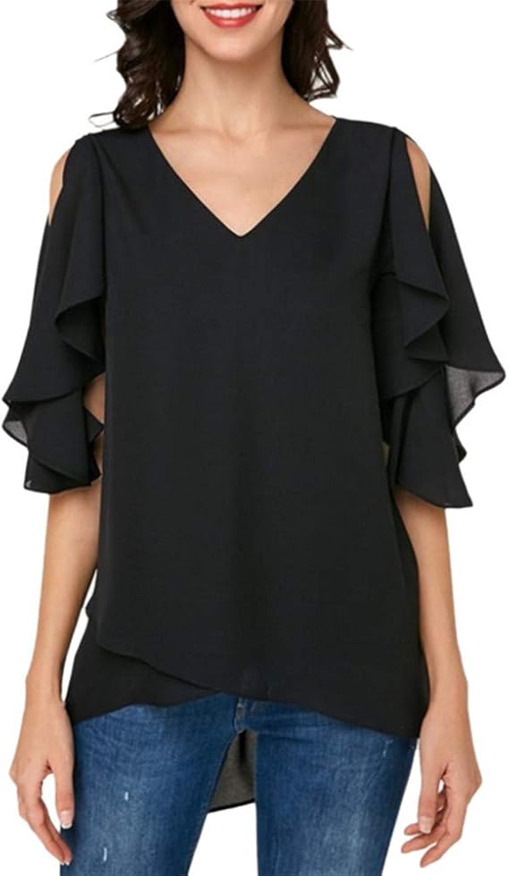 XMRSTAR Plus Size Women's Chiffon Tops Sexy Tie V Neck Cold Shoulder