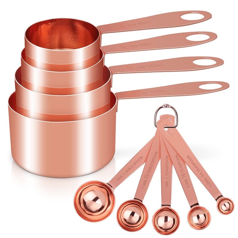 Cuteefun Measuring Cups and Spoons Set of 9, Stainless Steel Handle with Metric and US Measurements, Golden Polished Finish, Dry & Liquid Ingredient Measuring Cup for Baking and Cooking (Rose Gold)