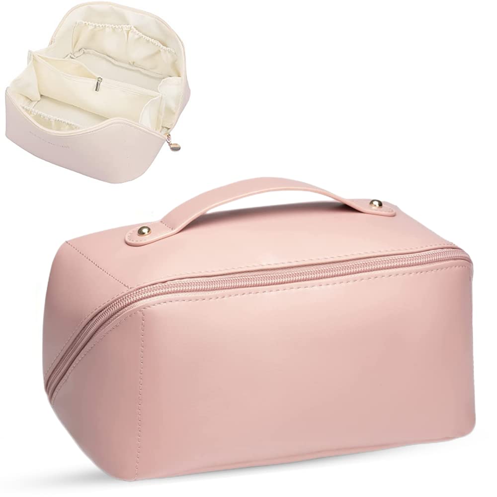 Large Travel Cosmetic Bag Cosmetic Organizer High Capacity Makeup Bag Storage Pouch PU Leather Makeup Box for Women Girls (Pink)