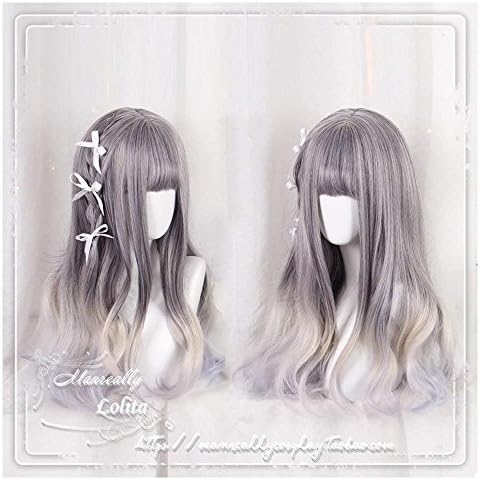 25" Women Girls Japan Harajuku Elegant Sweet Lolita Natural Looking Daily Wear Cute Long gray Blue & Khaki blend wave Curly Gradient Kanekalon Full Wig Cosplay