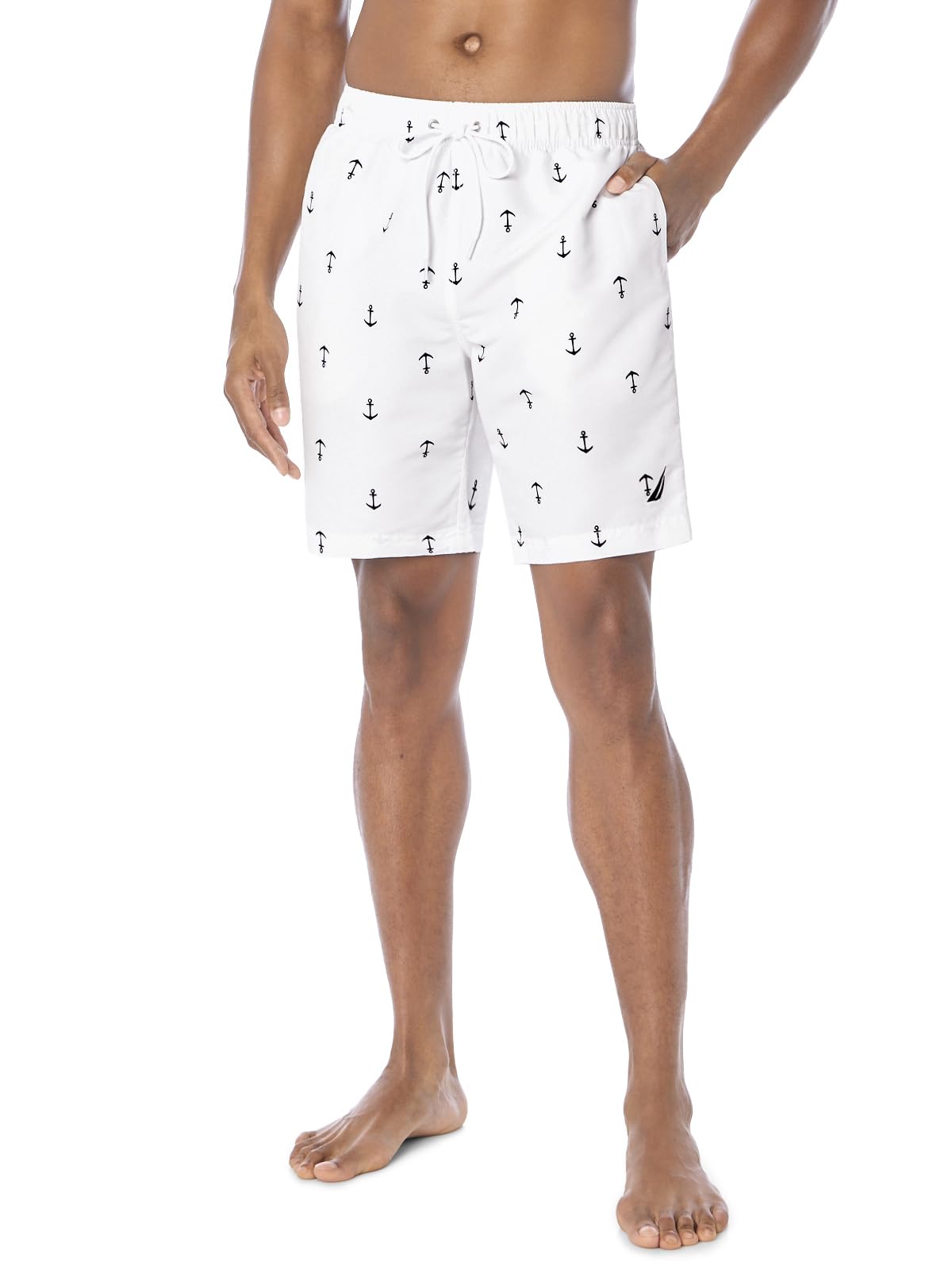 Nautica Men’s Quick Dry All Over Classic Anchor Print Swim Trunk Bright White