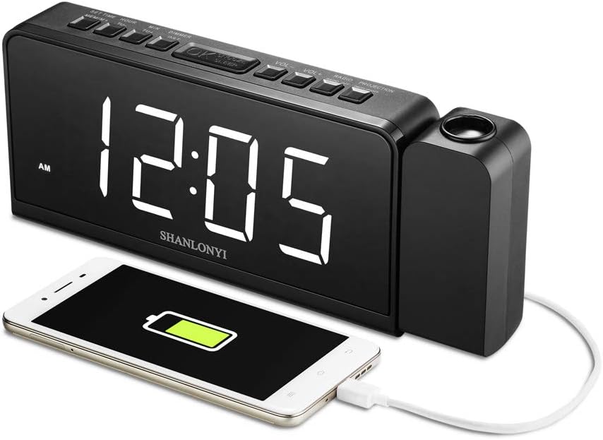 SHANLONYI Projection Alarm Clock Radio with AM/FM, Time
