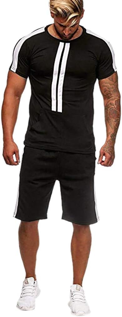 2 Pieces Men's Summer Stripe Color Short Sleeve T-Shirts & Shorts Tracksuit Casual Sports Sets Breathable Exercise Outdoor Training Cotton Tops Shorts Sportswear Football Basketball Clothing