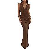 BTFBM Cocktail Dresses for Women Spring 2026 Cowl Neck Sleeveless Ruched Slim Fit Maxi Summer Formal Wedding Guest Dress