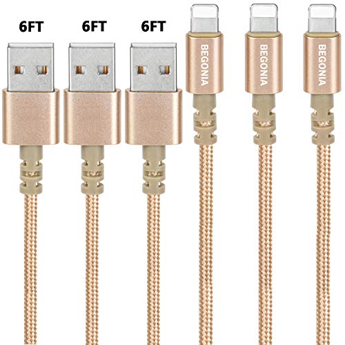 iPhone Charger Begonia Nylon Braided USB Cable 3PACK (6FT) Fast Charging Cable Cord Compatible with iPhone,iPad, iPod and More (Gold)