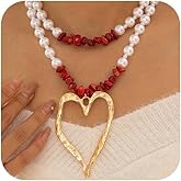 Long Large Heart Necklaces for Women Chunky Gold Big Hollow Hearts Layered Pendant Necklace Oversized Turquoise Love Pearls Beaded Choker Jewelry Gifts