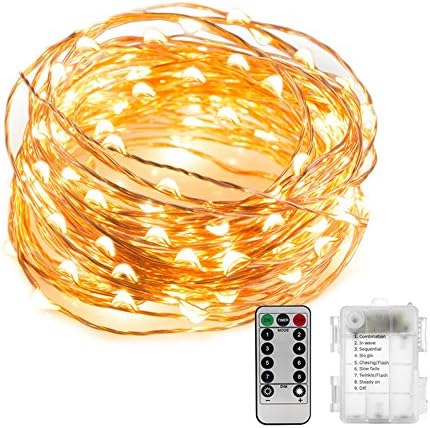 BOAEL Dimmable Waterproof & Portable Battery String Lights 8 Modes 100 LED 33ft Copper Wire Firefly Lights with Remote Control for Indoor and Outdoor (Warm White)