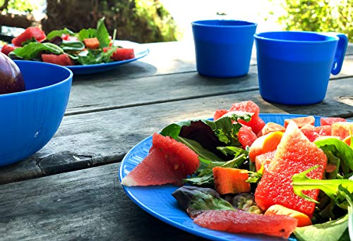 gear4U Camping Tableware Sets - Outdoor Dishes with Mesh Carry Bag - BPA Free - Plate, Bowl, Cup and Utensil for Hiking, Camping, Backpacking, Travel and Outdoor Survival - Blue 4 Person Set