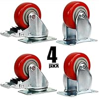 4 Packs 3 Inches (2 with Brakes, 2 Without) Fixed Caster Wheels Set, KINJOEK Polyurethane Caster Wheels with Brakes for Carts, Furniture, Workbench, Trolley, 617lb Total Capacity