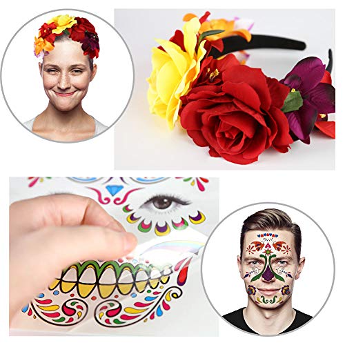 Halloween Headband, 4PCS Day of The Dead Headband Costume Mexican Headpiece with Halloween Temporary Tattoo Stickers for Halloween Masquerade Party Dress up Favor