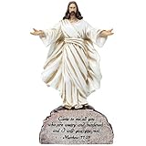 Jesus on Rock Statue with Inscribed Bible Verse From Matthew 11:28 for Decorative Christian Home Decor Sculptures As Spiritual Table Decorations Or Divine Religious Gifts for Easter and Christmas