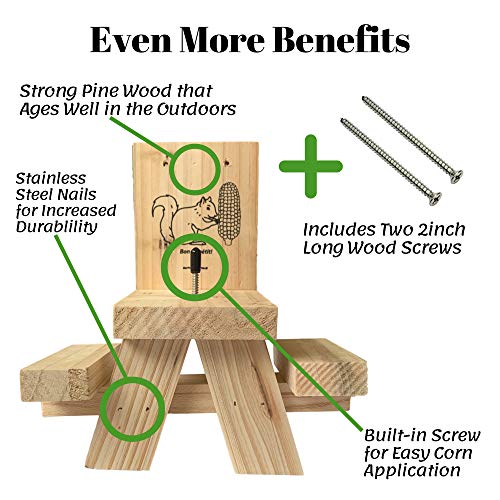 Outdoors Squirrel & Chipmunk Feeder | Corn on the Cob Picnic Table Holder | Funny & Entertaining | Made From Pine Wood for Outside Use & Great Aging | Simple Tree Installation Includes Screws